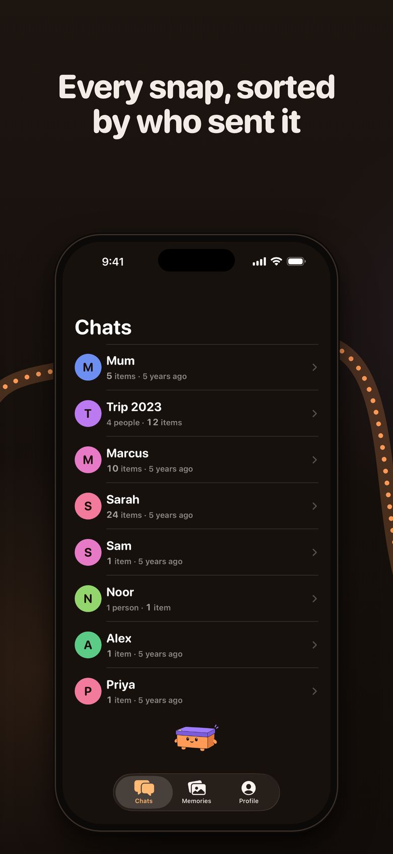 Every snap, sorted by who sent it: the Chats list with Mum, Trip 2023, Marcus, Sarah and others, each with a count of items.