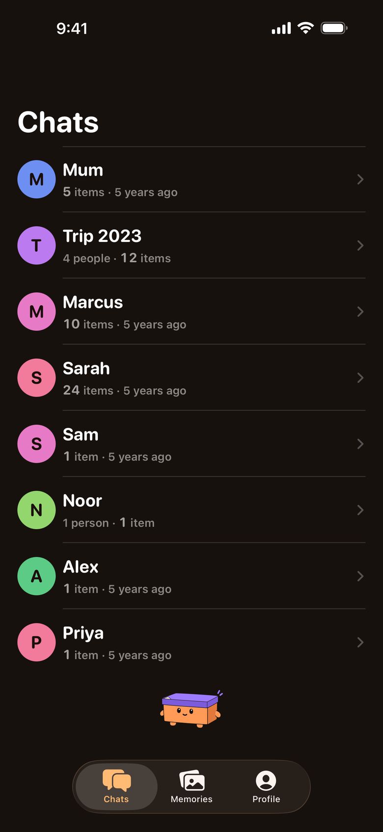 The Chats list: Mum, Trip 2023 with four people, Marcus, Sarah, Sam, Noor, Alex and Priya, each with a count and how long ago.