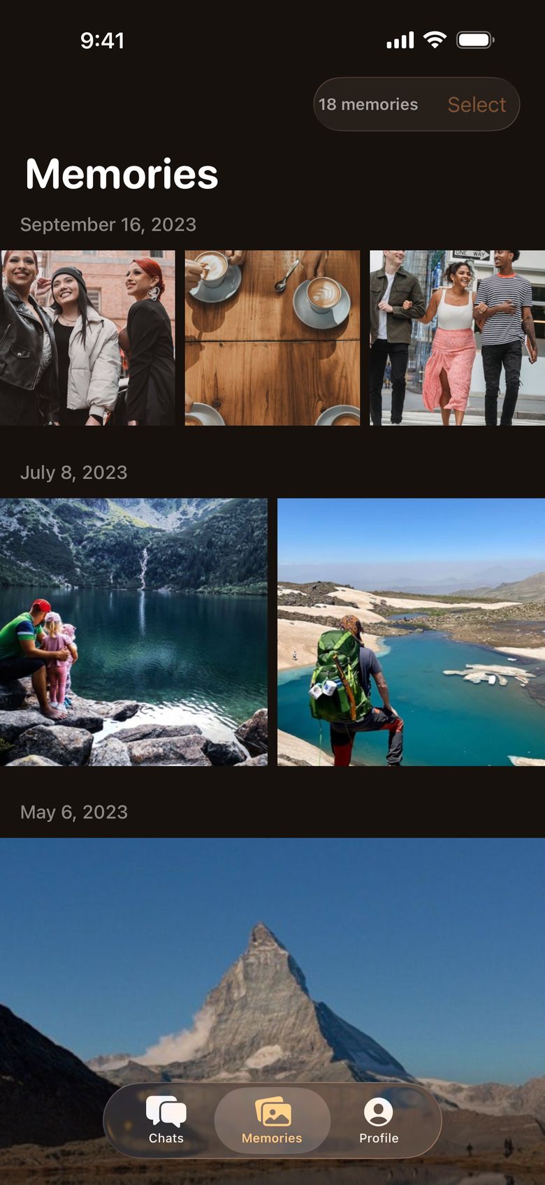 The Memories screen: photos grouped under September 16, 2023, July 8, 2023 and May 6, 2023.