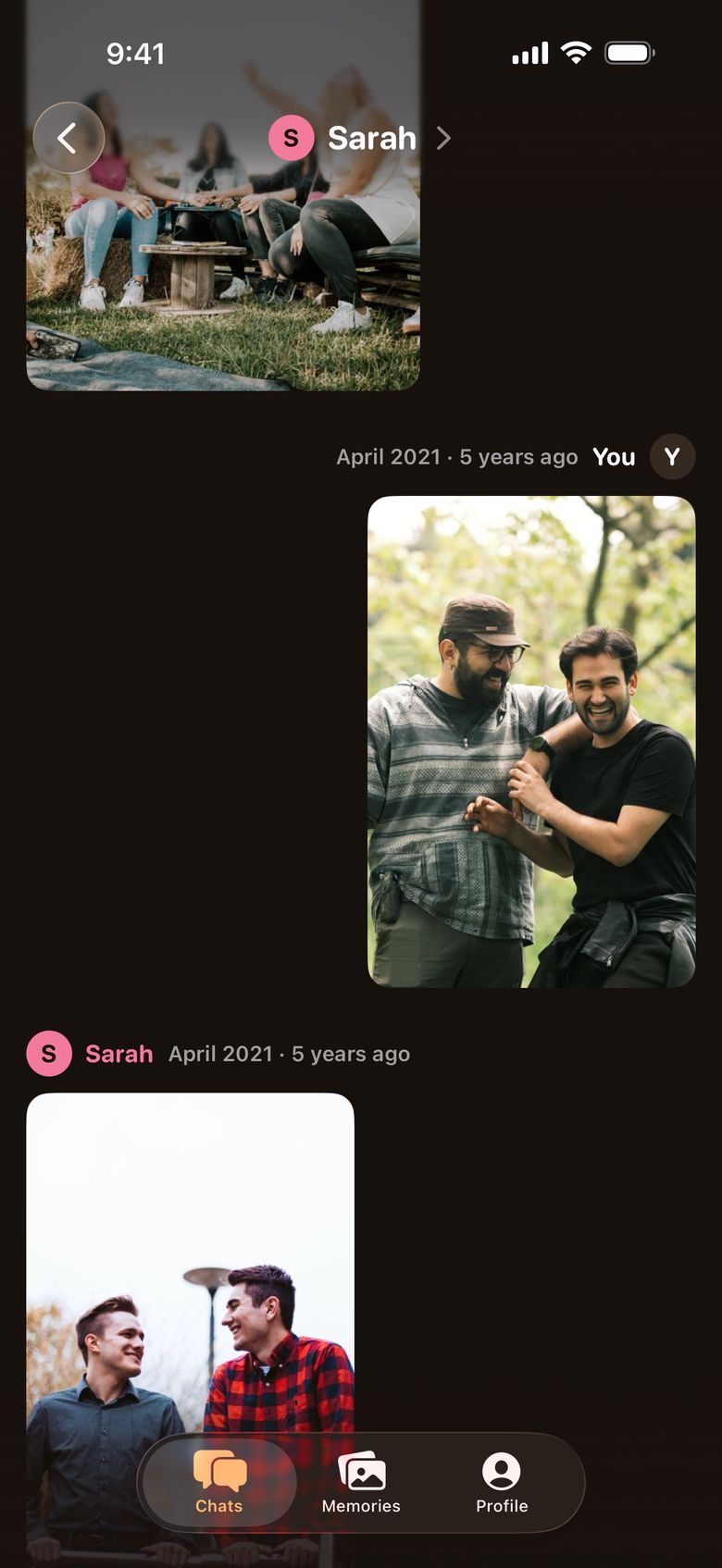 A Lidly thread with Sarah: photos in order, each labelled with who sent it and the date, April 2021.